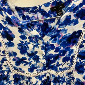 White Blue Floral Cotton Top