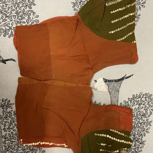 “Pure- Fabric”Orange-olive Sari With Blouse