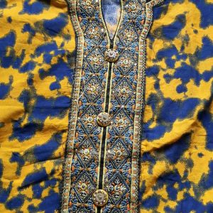 Yellow And Blue Colour Cotton Kurta