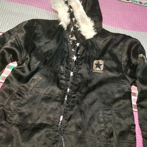 Women Jacket Shiny Black Hoody Light Winter