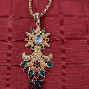 Gold Plated Green Red Pendant Necklace Set