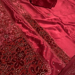 Red Silk Velvet Work Saree