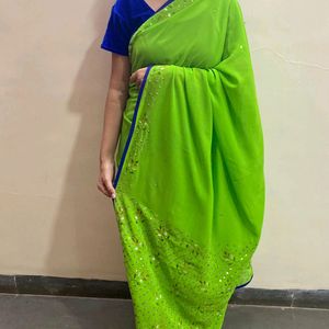 GREEN SAREE WITH BLUE BLOUSE