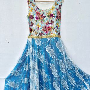 Butterfly Printed Blue Party Gown