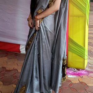 Party Wear Heavy Border Grey Saree