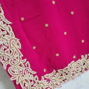 Hot Pink Pearl Work Saree