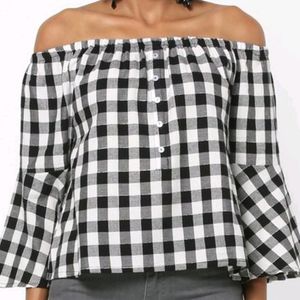 DNMX: Black&White Checkered Off-shoulder Top