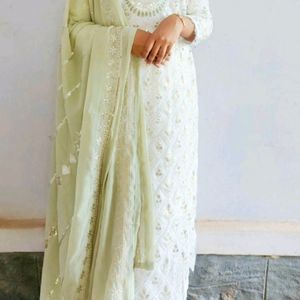 White And Green Embroidered Beautiful Churidhar