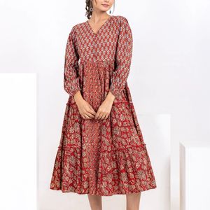 Hand Block Print Rust Midi Dress