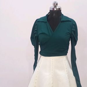 Bottle Green Wrap Up Puff Sleeve Crop Top