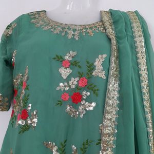 Sea Green Embroidered Kurta Palazzo Set