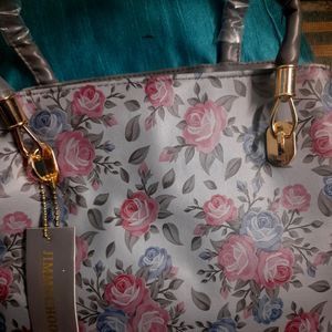 Floral Grey Handbag With 3 Section