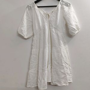 White Cotton Lenin Flared Summer Dress