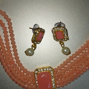 Coral Color Choker Necklace Set With Earrings