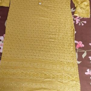 Chicken Work Golden Colour Kurti Looking Beautiful