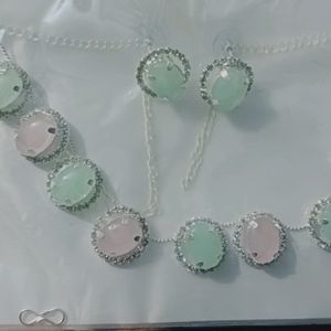 Beautiful Light Pink And Green Stones Necklace Set