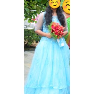 Princess Sky Blue Gown With Mirror Work