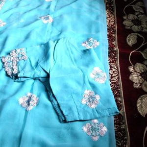 Georgette cyan clr saree 🥻  with blouse