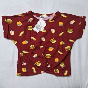 Crop Top with Burger and Fries Pattern