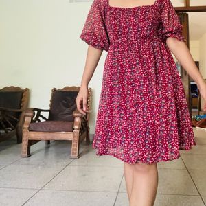 Square Neck  Floral Dress  With Balloon Sleeves