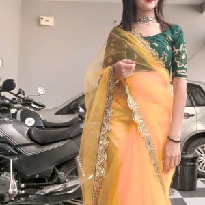 Designer Yellow Net Sari With Blause