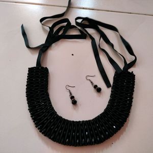 Ribbon Beads Necklace With Earrings