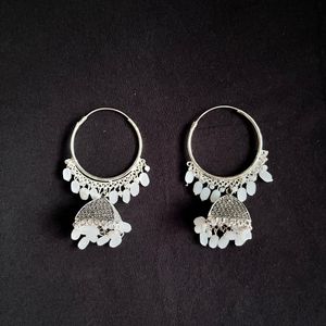 Silver Jhumki With White Beads