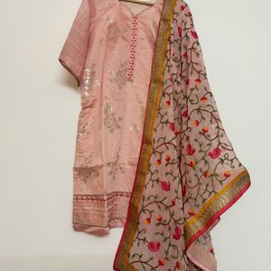 Chanderi Silk Kurtha With Pants And Dupp