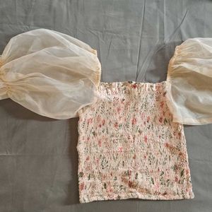 Peach Balloon Sleeves Crop Top