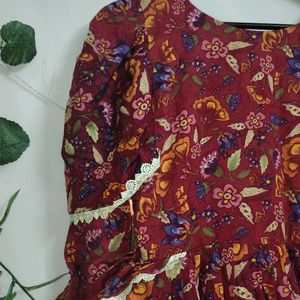 Maroon Colour Printed Wrap Dress With Multi Layer