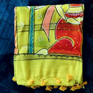 Yellow Handprinted Kota Cotton Saree