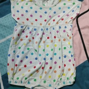 White And Multicolour Dotted Diaper Dress For Girl