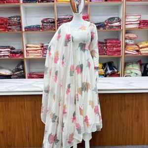 New Georgette Floral Printed White Dress