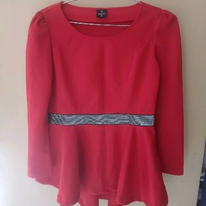 Red Full Sleeved Peplum Top