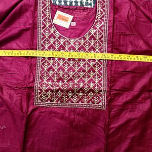 Sequence Neck Work Wine Cotton Stitched Kurta