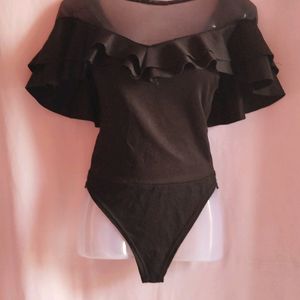 Black Flared Bodysuit Top