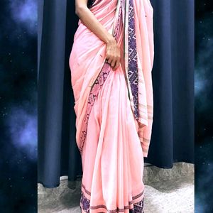 Pure Cotton Salmon Pink Handloom Saree