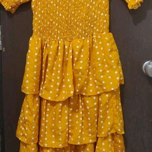 Yellow Polka Dot Smoked Midi Dress