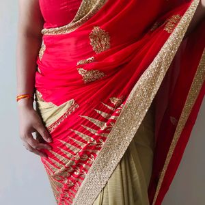 Party Wear Saare Combination Of Golden & Red