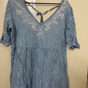 Women Denim Embroidered Flower Neck Dress