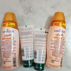 2 Pices Santoor Talc 100g, 2 Pices Biotique Fruity Face Wash 50ml.All 4 in this Price.