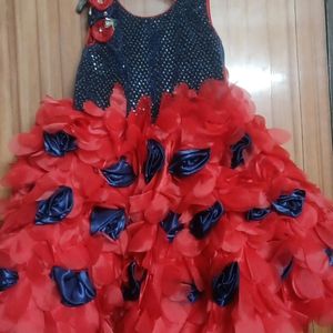 Red And Dark Blue Combination Frill Frock