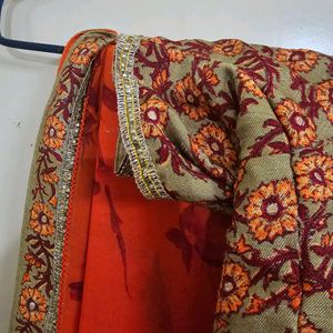 Sequin Orange Red Saree With Stitched Blouse