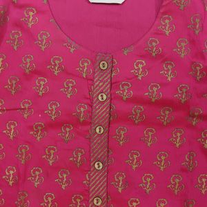 Magenta Silk Kurti With Golden Block Prints