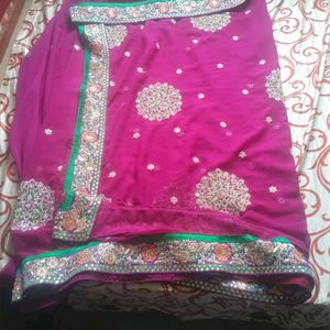 Pink Saree With Beautiful Sliver Flowers Design