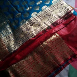 Blue & Red Katan Benarasi Heavy Saree