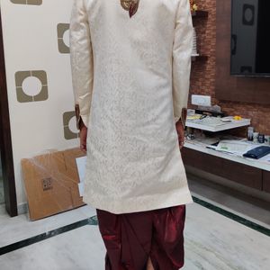 Men Sherwani Dhoti Stitched Set -Offwhite & Maroon