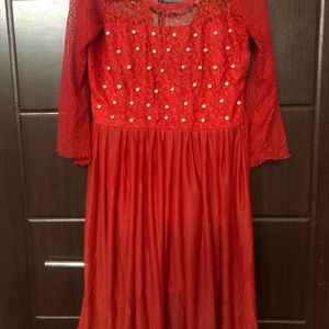 Hot Red Net Frock With Pearls Work