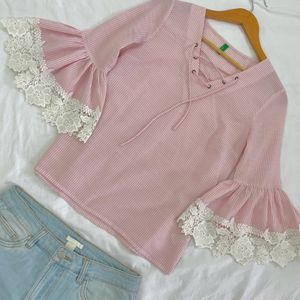 Coquette Pink White Lace Bell Sleeve Princes Top