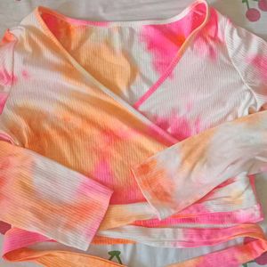 Neon Tie Dye Ribbed Wrap-tie Surplice Top